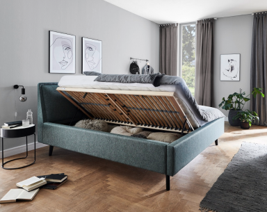 Meise Möbel Polsterbett Frieda mit Bettkasten 180 x 200 cm | Sawana Hellgrau Nr. 21 | Holz massiv eichefarbig